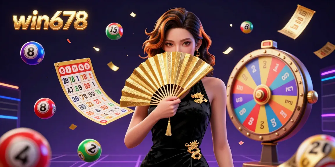 Experience the excitement of win678 with a golden fan-wielding heroine amidst colorful lottery elements.