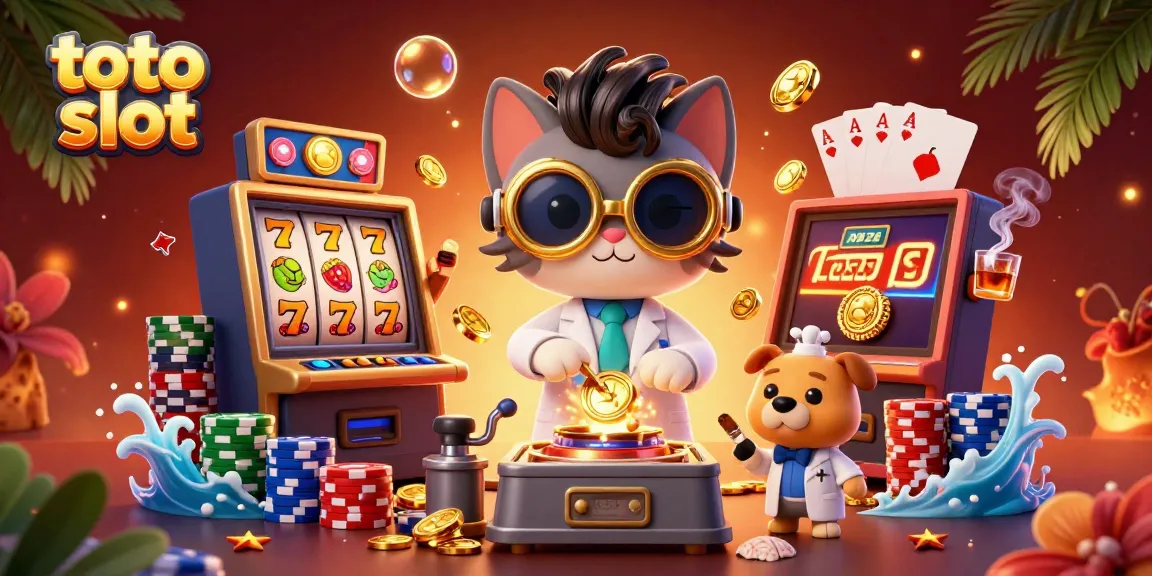 Join the fun at toto slot with a lively casino scene featuring slot reels and golden coins!