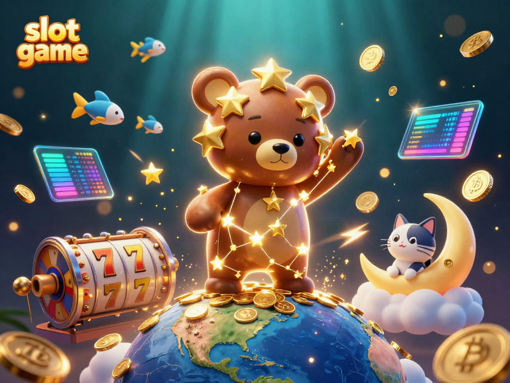 Enjoy vibrant slot game action with a constellation bear, coins, fishes, and a celestial cat.