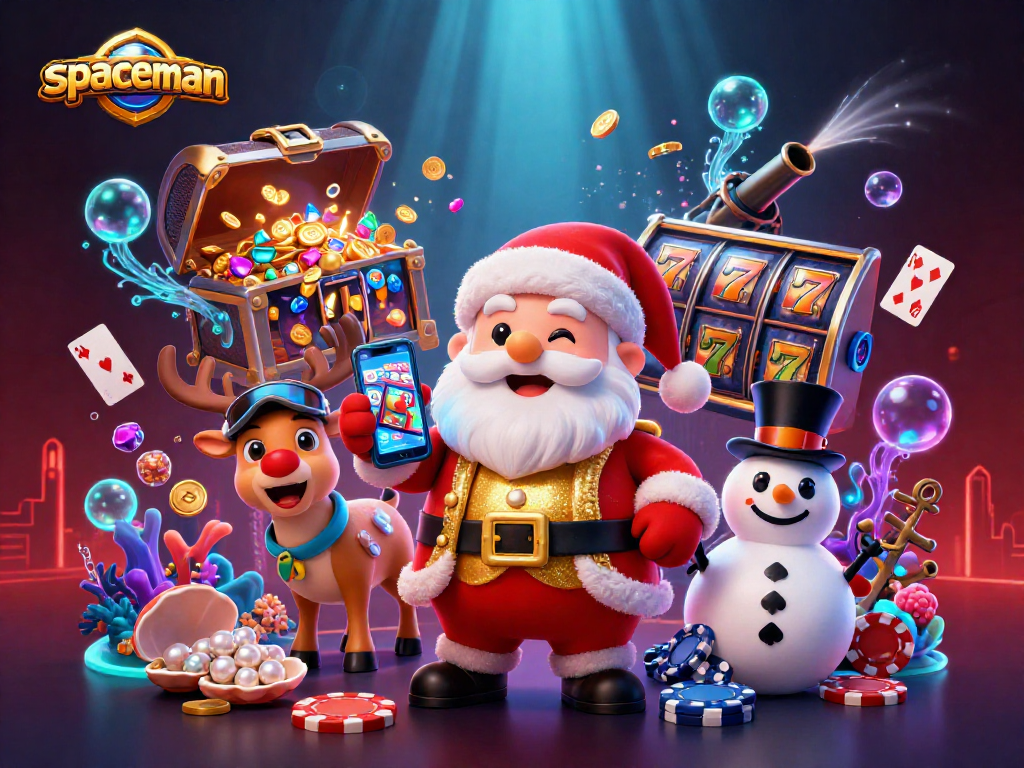 Spaceman character celebrates wins at a vibrant casino with slot reels amidst dynamic gameplay.