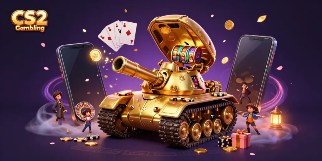 Engage in exciting CS2 Gambling with golden beetle tank casino illustration featuring dynamic game elements.