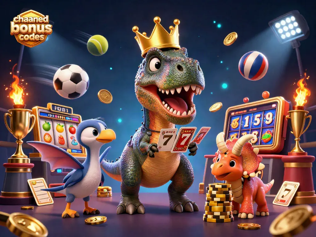 Experience the fun of chanced casino bonus codes with playful dinosaurs in a vibrant casino scene.