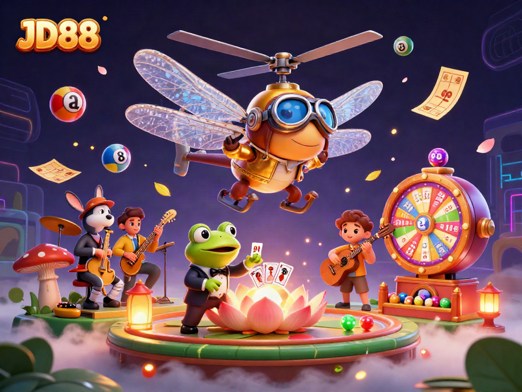 Engage with JD88's thrilling online games while a jazz melody fills the air in a vibrant casino scene.
