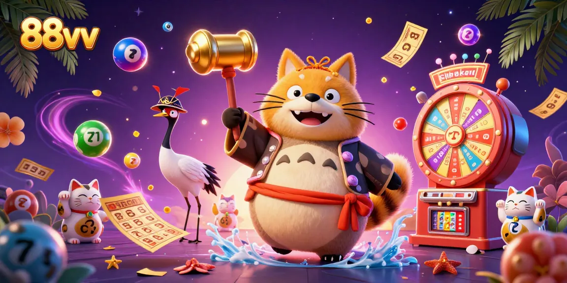 Experience the joy of 88vv's vibrant casino world with a bustling 3D scene of festive characters.