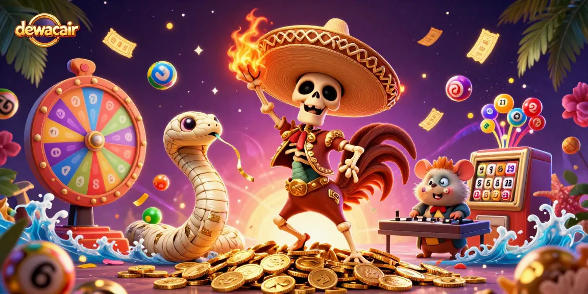 Dewacair features a vibrant 3D scene with a skeleton mariachi rooster winning on golden coins, surrounded by lively gaming elements.