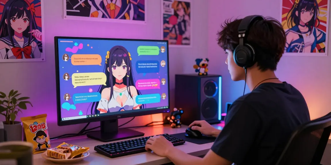 Engaging scene of user interacting with hentai chat ai avatar in a cozy anime-themed setting.