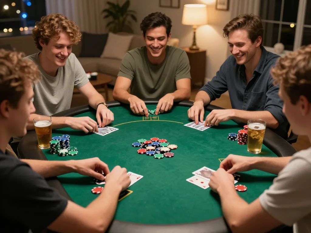 33win poker game night with friends, vibrant chips and cards in action, creating a lively atmosphere.