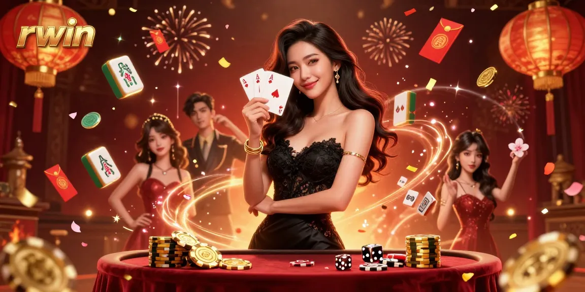 Experience stunning rwin casino action with a captivating Asian woman holding playing cards in a vibrant setting.