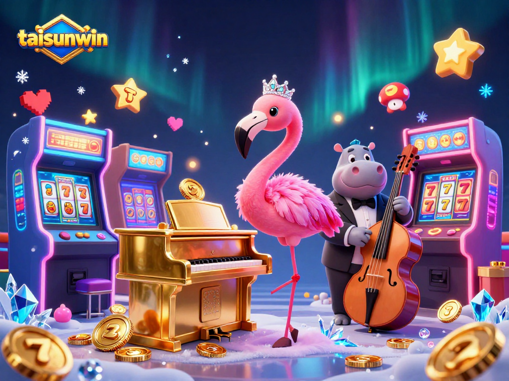 Taisunwin’s vibrant casino scene showcases a flamingo singer and hippo bassist among slot elements.