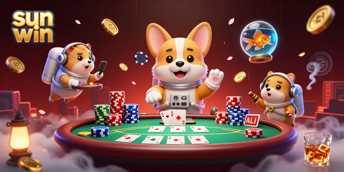 Engage in thrilling gameplay at sun win with a floating corgi and colorful poker chips in space.