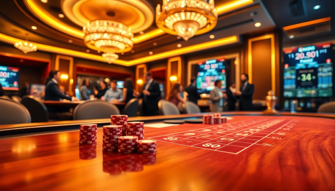 Experience the excitement at Man88, featuring vibrant poker chips and a spinning roulette wheel in a luxurious casino.