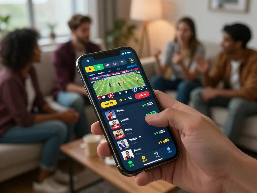 22bet betting app interface displayed on smartphone amid friends' excitement and conversation.