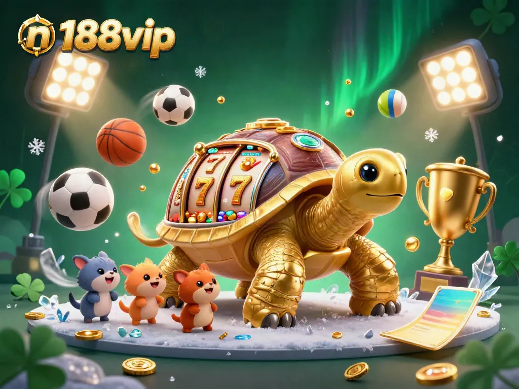 Experience thrilling gambling at n188vip with a dynamic 3D illustration showcasing a golden tortoise slot machine and vibrant sports elements.