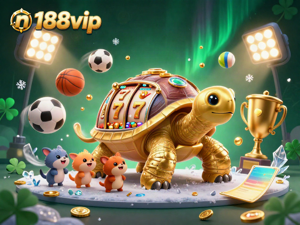 Experience thrilling gambling at n188vip with a dynamic 3D illustration showcasing a golden tortoise slot machine and vibrant sports elements.