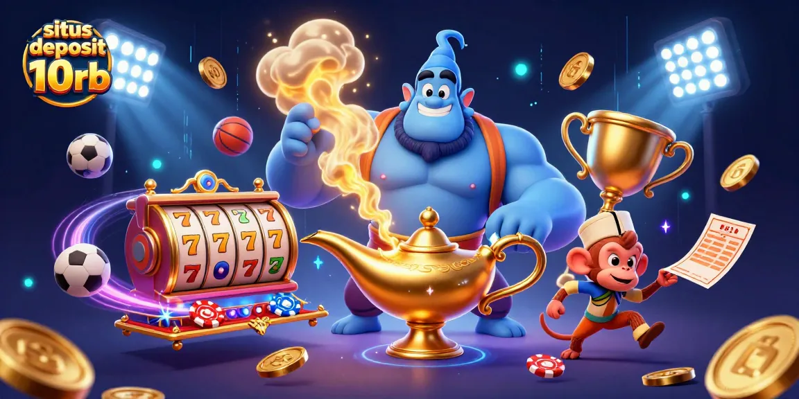 Engage with situs deposit 10rb's exciting visuals showcasing a genie, monkey, and magic carpet in a vibrant casino atmosphere.