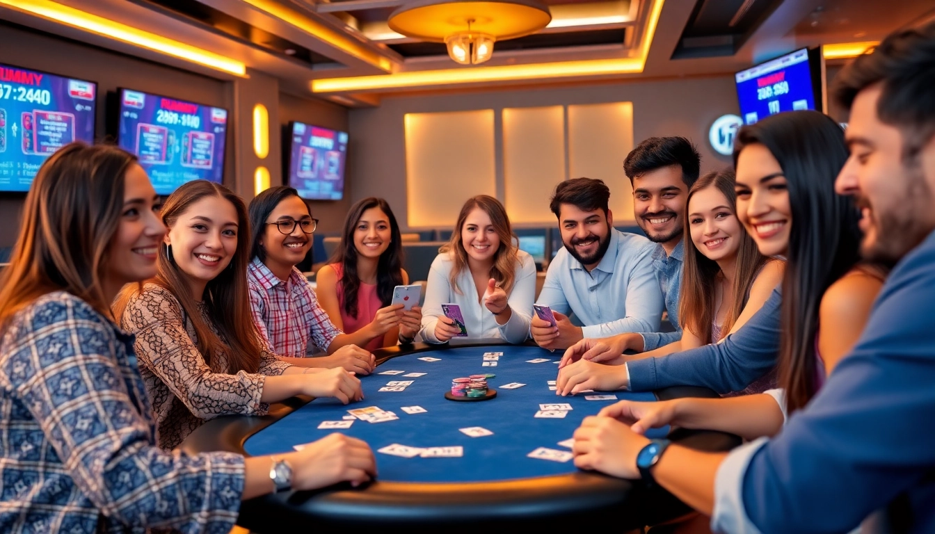 Rummy 91 players enjoying a lively game night at a stylish lounge.
