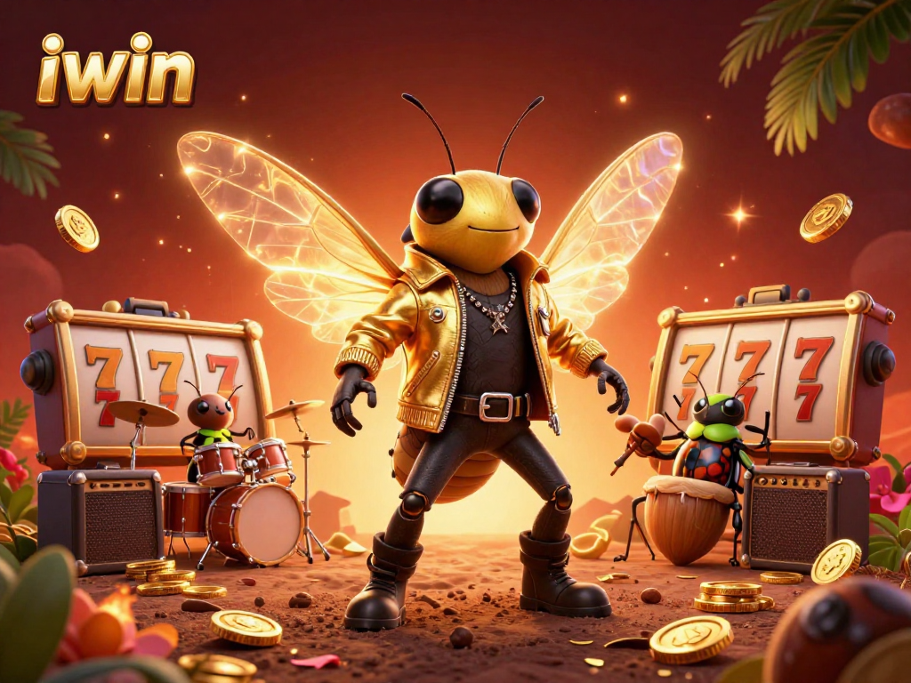 Watch iwin's slot action with a vibrant cicada rock star and festive casino elements.