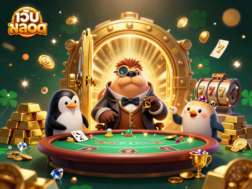 Win big with เว็บสล็อต as a jolly walrus plays poker underwater with vibrant gems and gold treasures.