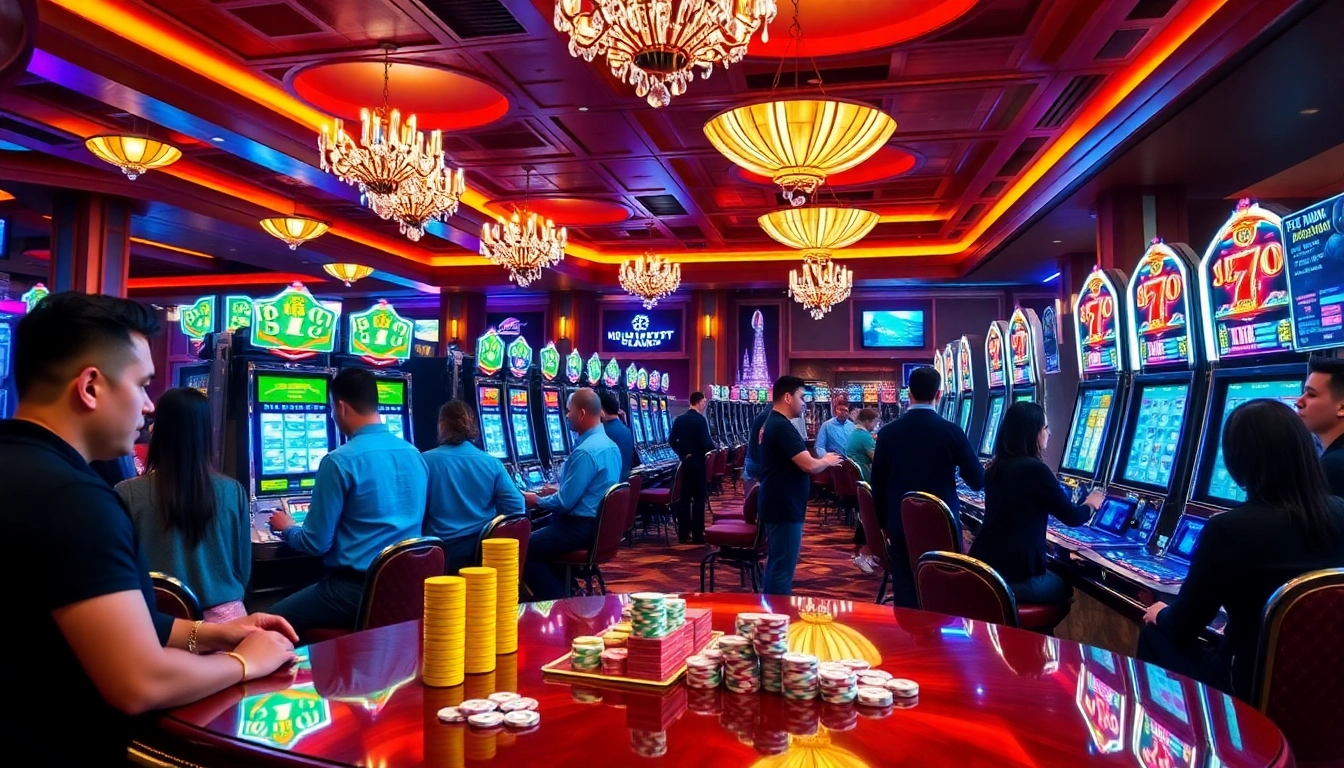 Players enjoying IDN slot machines in a vibrant casino atmosphere with neon lights.