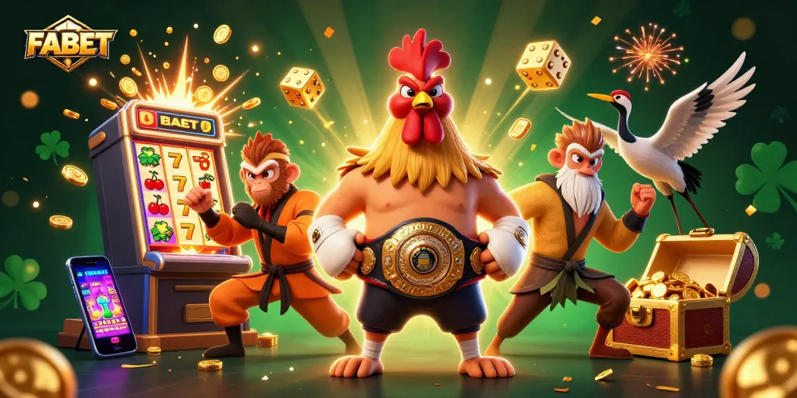 FABET's thrilling 3D scene showcasing a Muay Thai rooster and Shaolin monkey in an explosive casino environment with jackpots and gold.