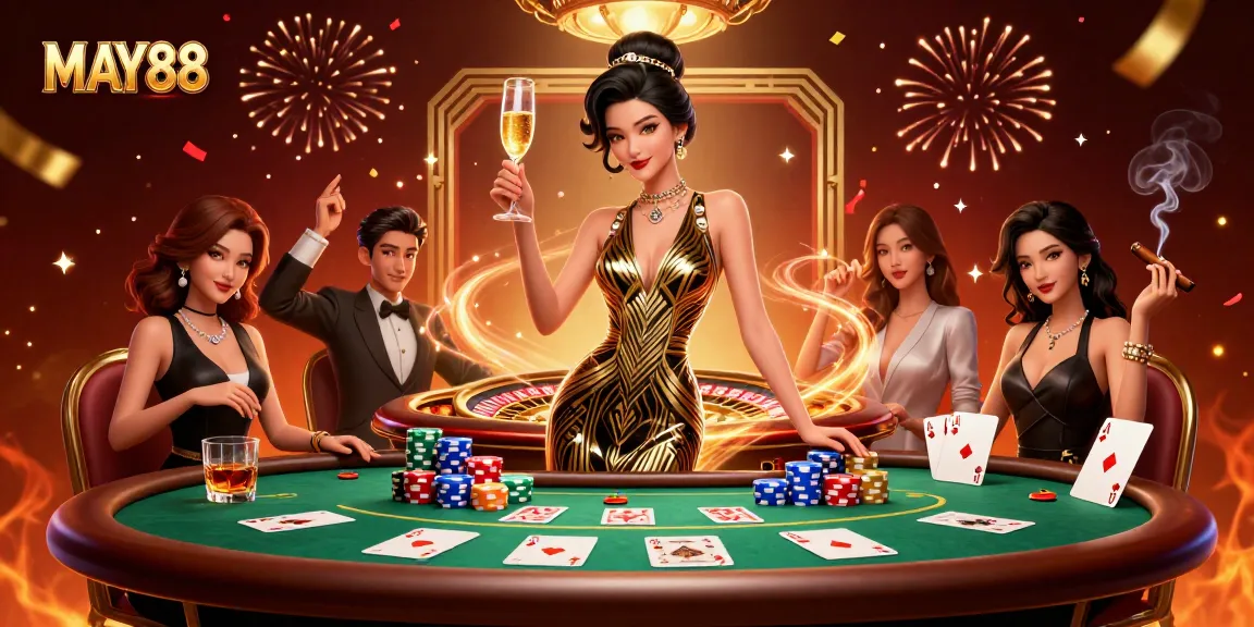 MAY88 offers a glamorous casino experience featuring poker, roulette, and vibrant celebrations.