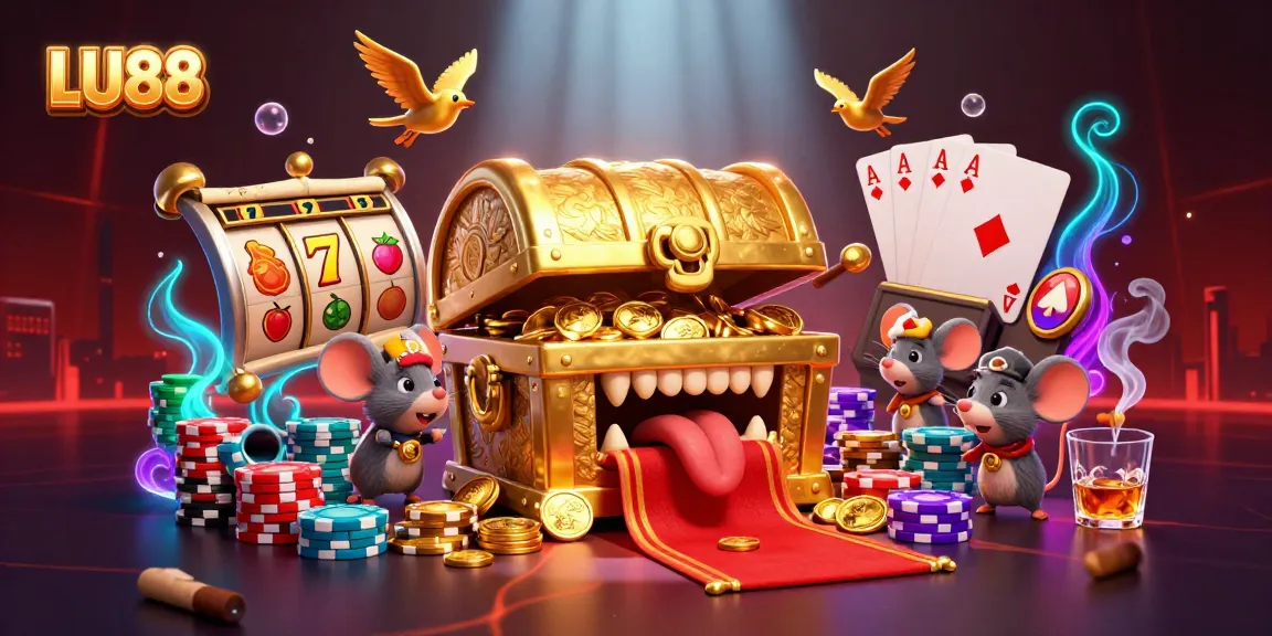LU88 offers thrilling slot experiences with treasure chests and poker elements in a vibrant 3D scene.