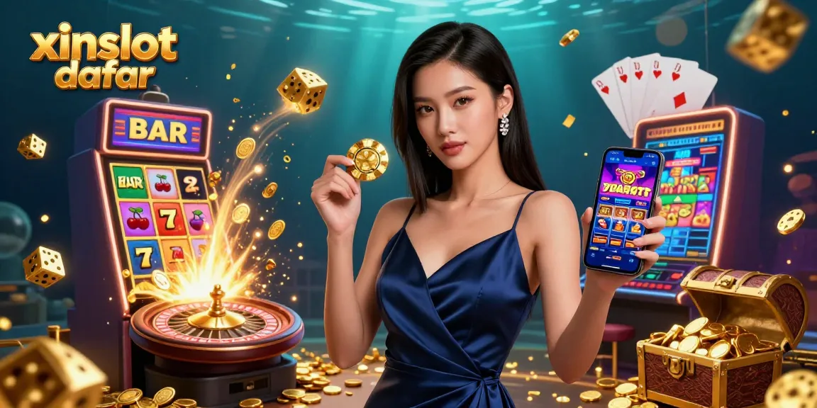 XINSLOT daftar: Experience high stakes with a glamorous casino scene featuring a stunning Asian woman and vibrant slot elements.