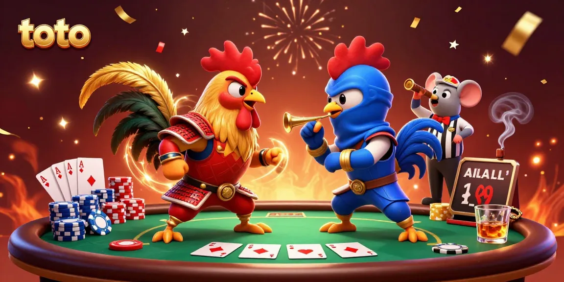 Engage in toto gaming excitement with a dynamic rooster duel amidst vibrant casino elements.