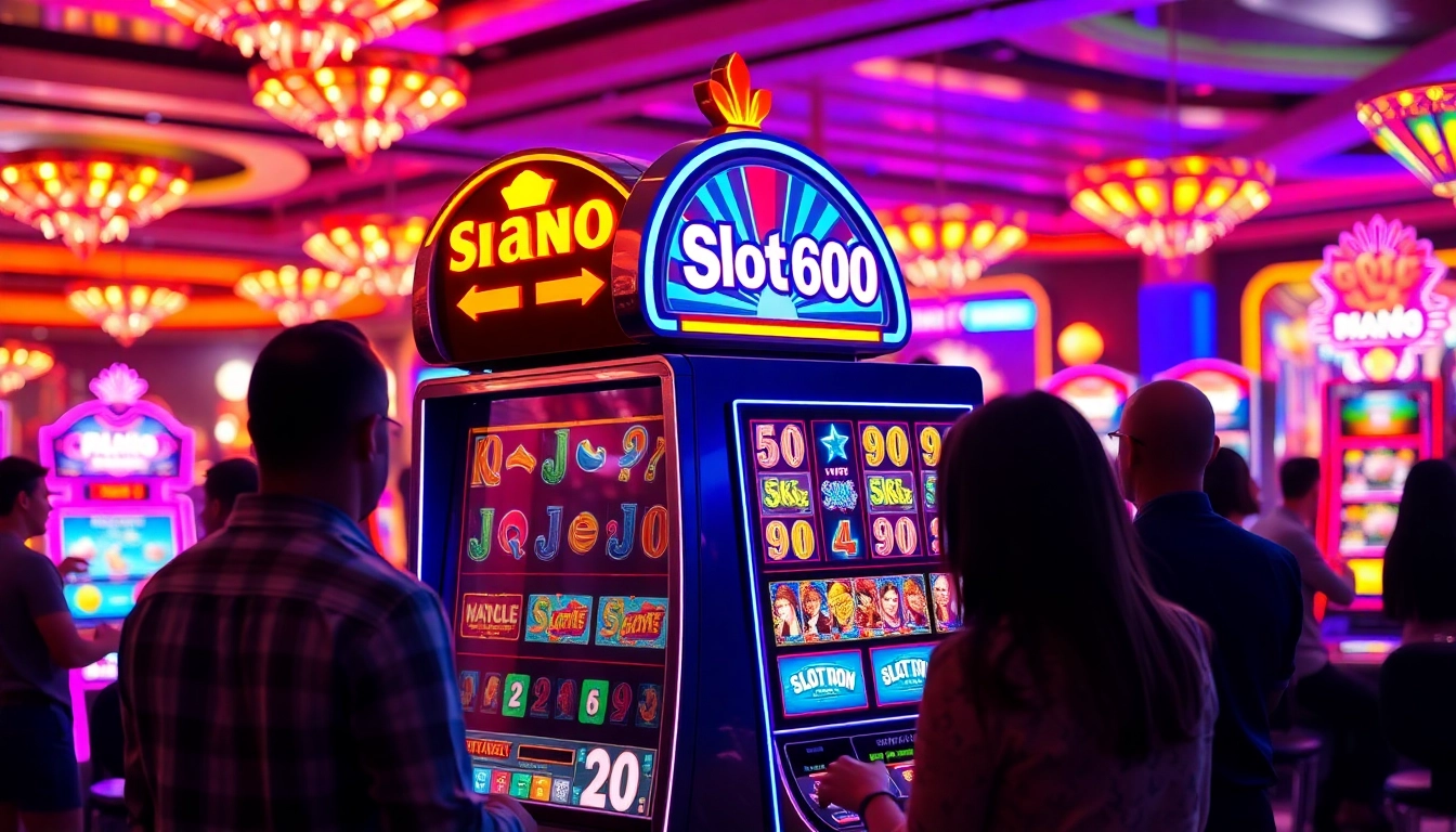 Putar SLOT6000 di mesin slot kasino yang ceria dengan cahaya berwarna warni.