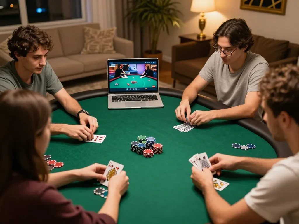 Flying high with excitement at a home poker game featuring fly88mb players and vibrant chips.