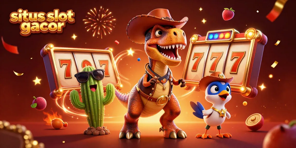 Bermain dengan situs slot gacor yang menampilkan dino cowboy dan elemen keberuntungan yang menarik.