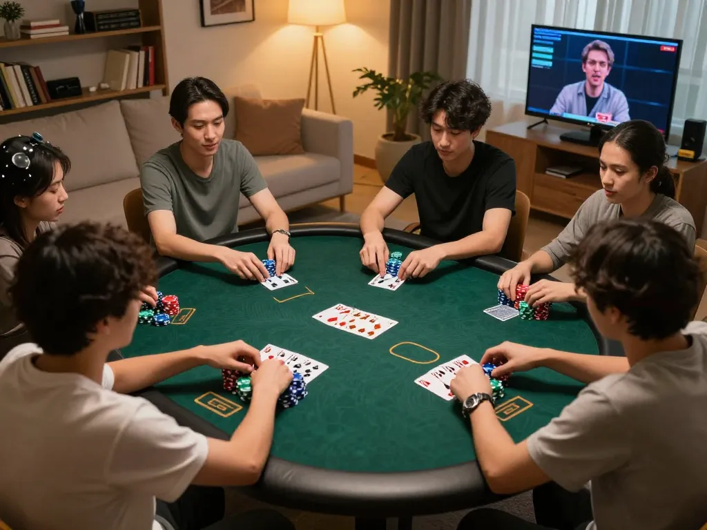 Hitclub players engaged in online poker, showcasing strategy and excitement in a modern home.