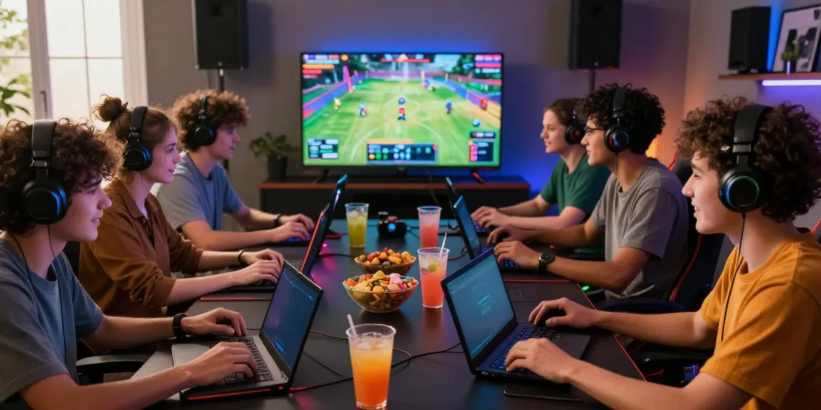 Friends enjoying the akunjp gaming platform at a lively gaming table filled with snacks and devices.