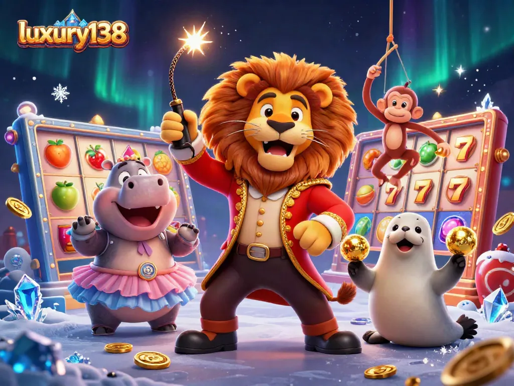 Experience the excitement of luxury138 with engaging slot game elements and dynamic characters in a vibrant scene.