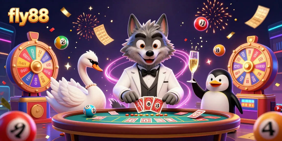 Experience the excitement of fly88's baccarat tables with our 3D illustration featuring a debonair wolf and elegant characters.