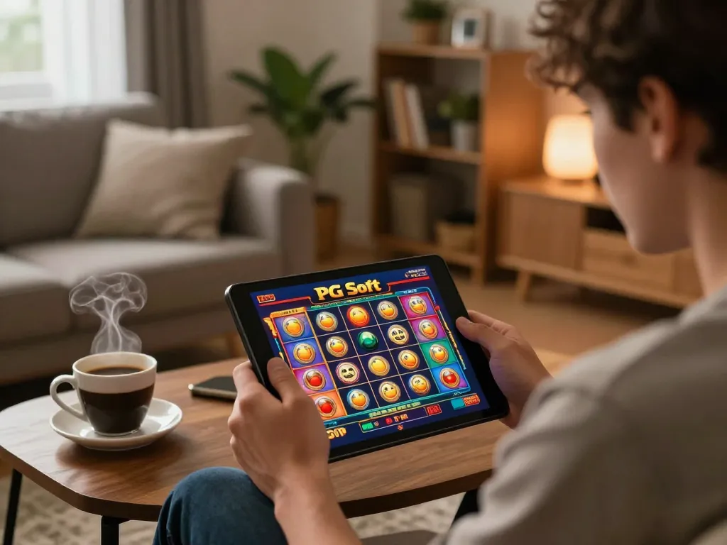 Permainan yang menarik pada Demo Slot PG Soft Mirip Asli ditampilkan di tablet dalam suasana rumah yang nyaman.