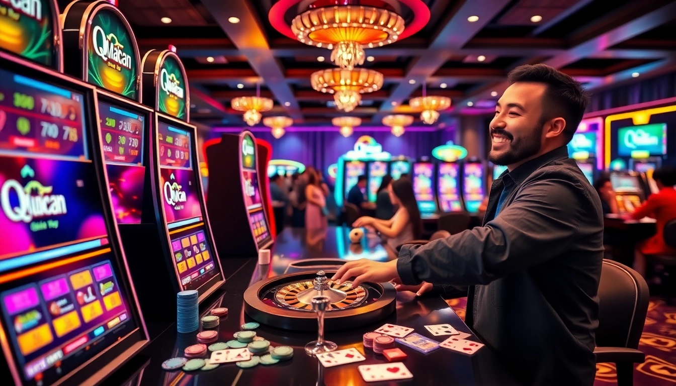 Experience the thrill of gambling at QQMacan with vibrant slot machines and a joyful player.