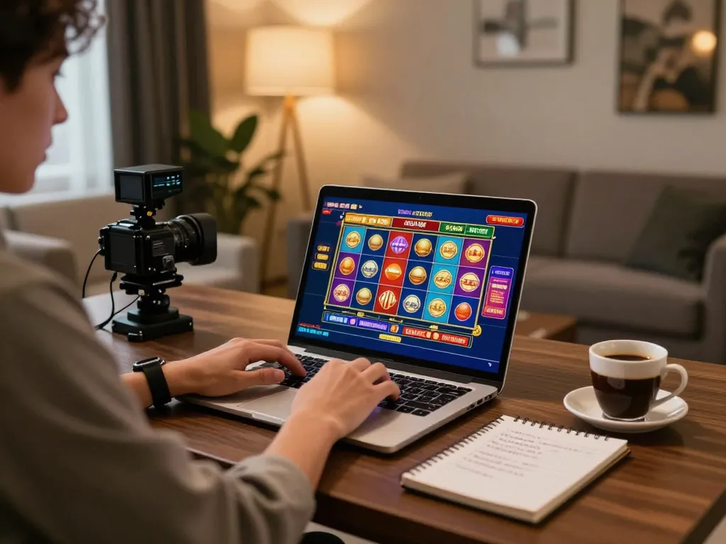 Engaging in online casino gaming with TR88 bet, showcasing a vibrant slots interface on a laptop.