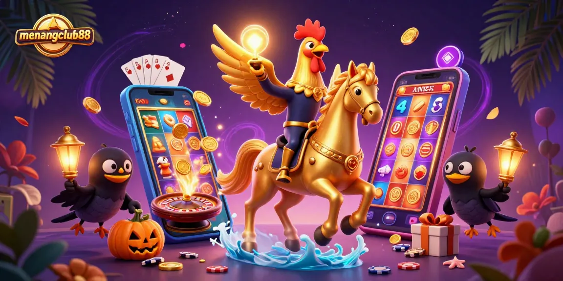 Experience the excitement of menangclub88 with vibrant casino-themed illustration featuring a golden rooster.