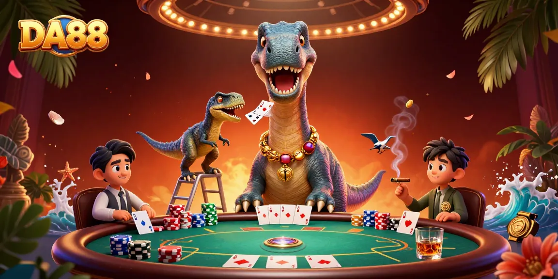 DA88 showcases a vibrant brontosaurus and raptor in a lively casino poker scene.