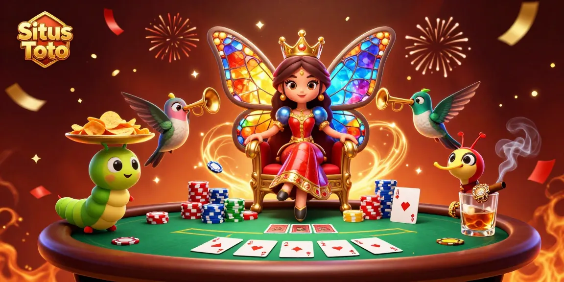 Gambarkan keberuntungan di Situs Toto dengan ilustrasi putri kupu-kupu 3D yang dikelilingi tumpukan chip dan meja poker