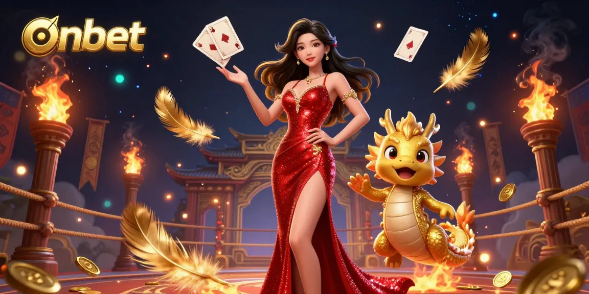 Engage in thrilling gameplay with ONBET, featuring an elegant Asian woman and playful dragon amidst floating cards.