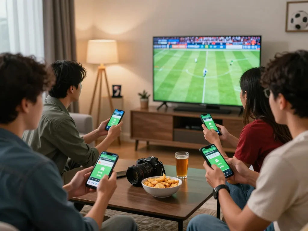 Friends engaging in kèo bóng đá trực tuyến betting during a live football game, highlighting social interaction and excitement.