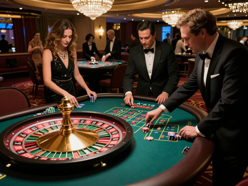 SC88 players making strategic bets at a chic roulette table in an upscale casino, highlighting the excitement and luxury of gambling.