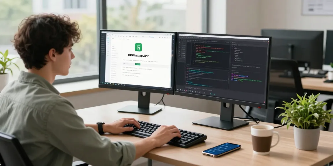 Developer navigating GBWhatsApp feature interface in a bright modern workspace.