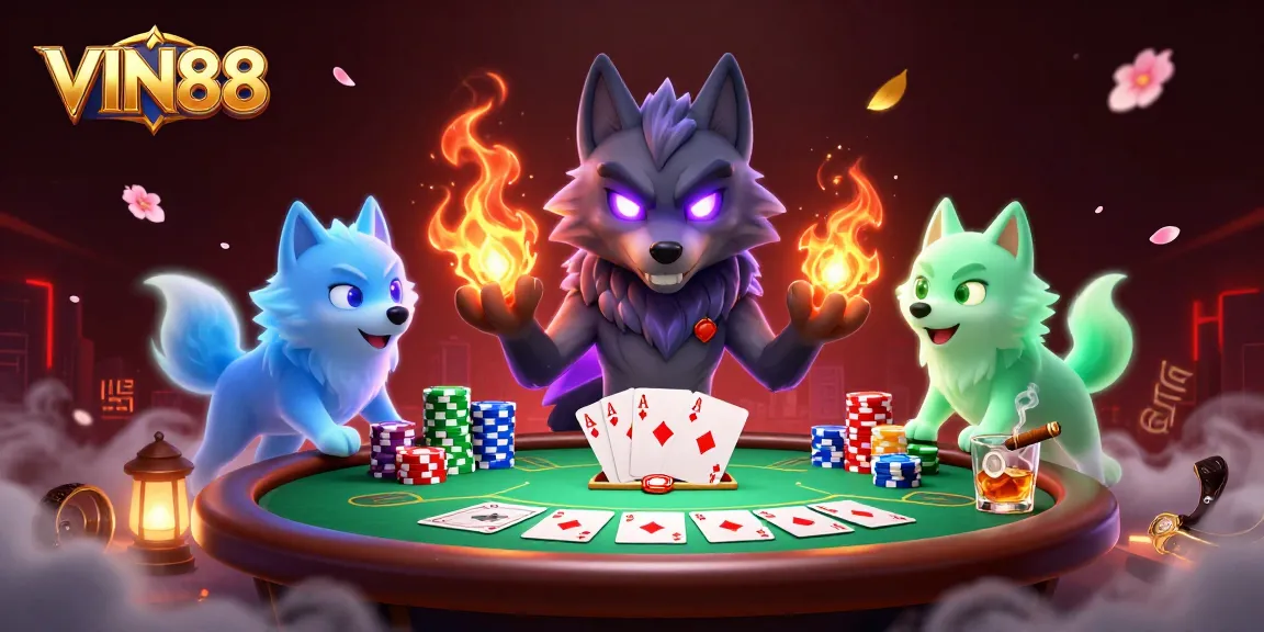 Experience thrilling poker action with VIN88 as ghostly wolves guard the table in this vibrant scene.
