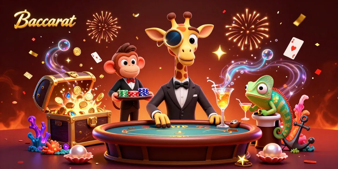 Baccarat card game scene with a cartoon giraffe, monkey, and chameleon amid festive casino elements.