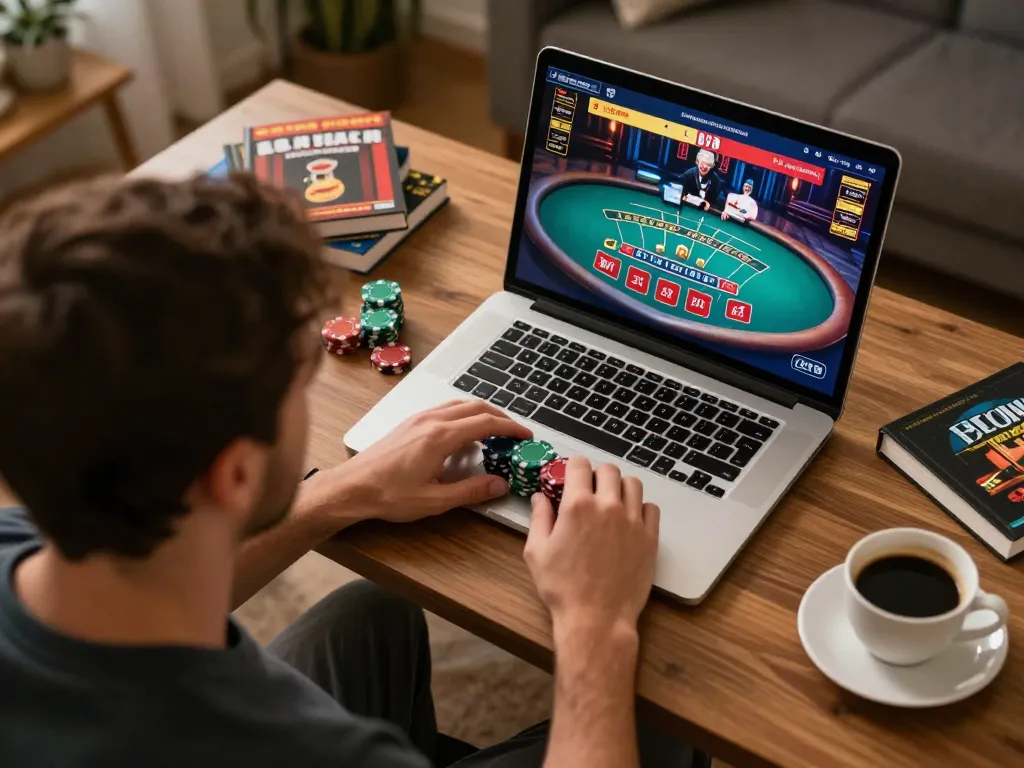 Engaged player at home enjoying live dealer blackjack while using nhà cái cm88 for a strategic gaming session