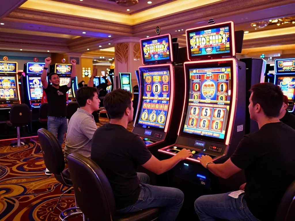 Players celebrating wins at exciting situs slot machines in a vibrant casino.