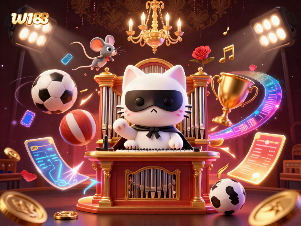 Discover exciting w188 gaming adventures with a captivating phantom cat and vibrant casino elements.